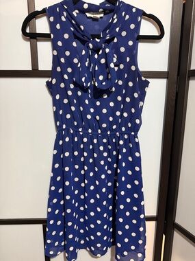 Forever 21 Royal Blue Polka Dot Tie-Neck Dress